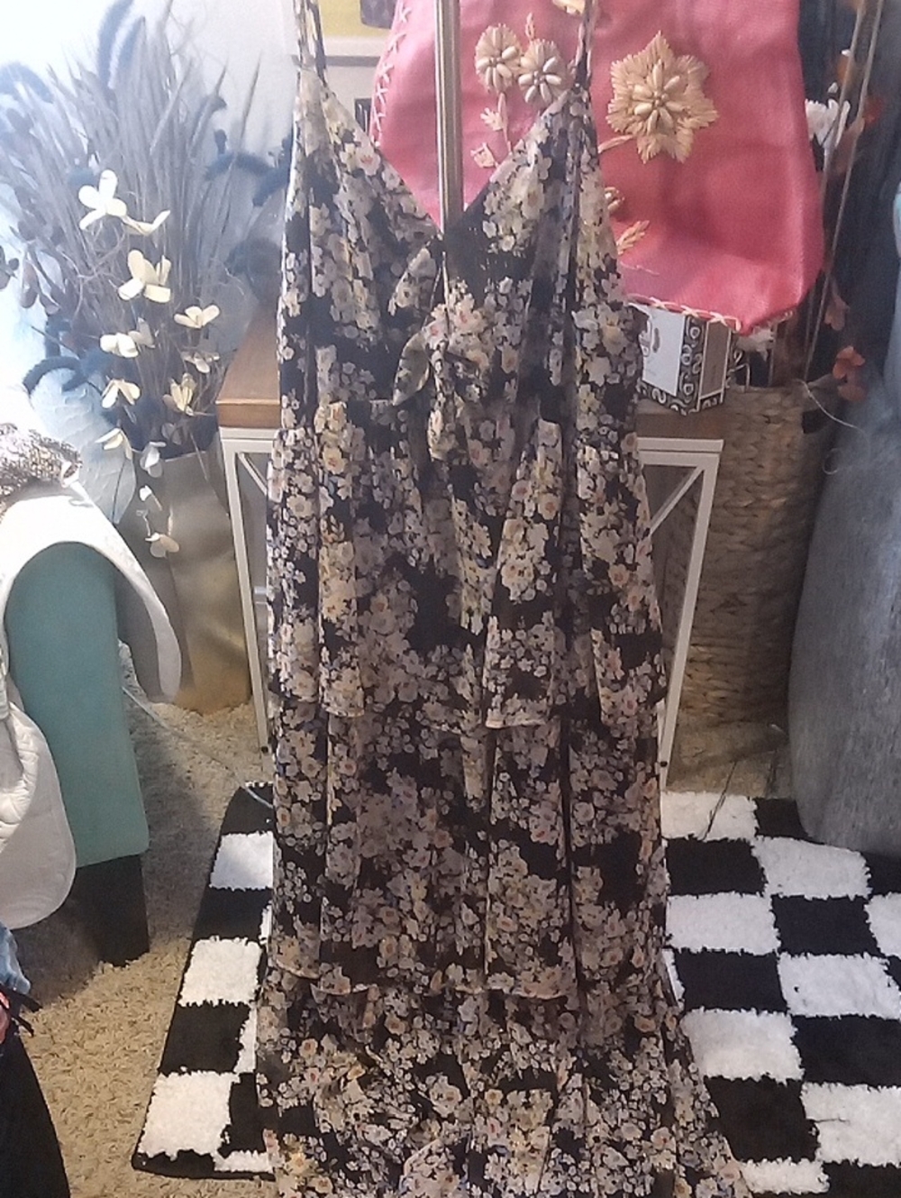 LC Lauren Conrad Black Floral Tiered Maxi Dress with Cream and Pink Blooms